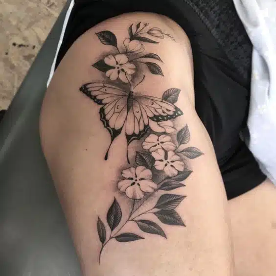 Flower Side Rose Thigh Tattoo by Pat Whiting